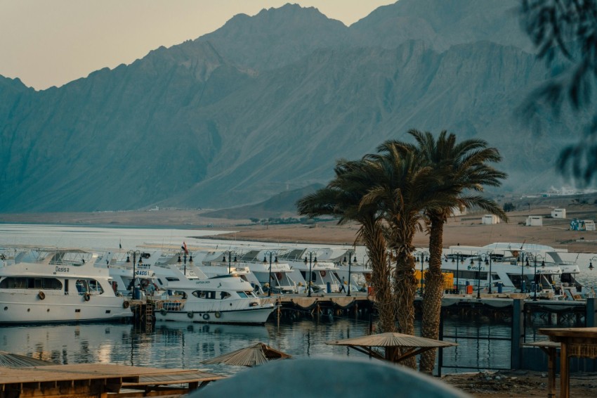 a group of boats on a body of water with mountains in the background