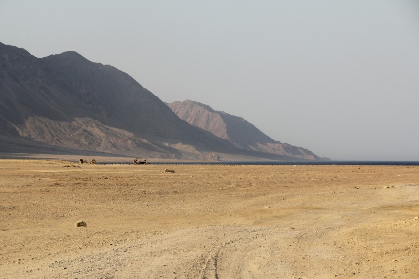 a dirt road in the middle of a desert with mountains in the background