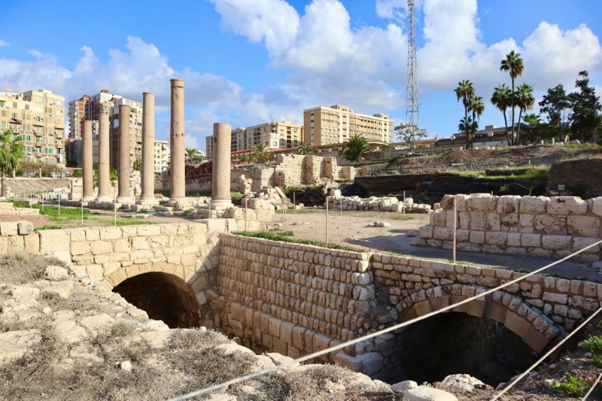 the ruins of a roman city with palm trees in the background