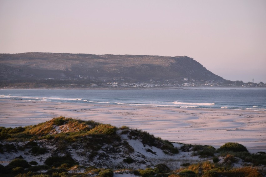 a beach with a hill in the background