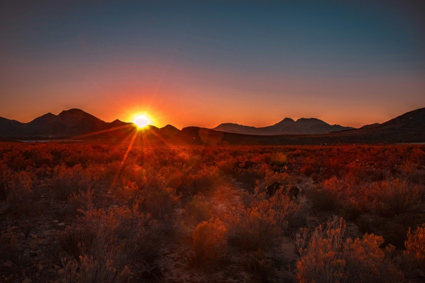 the sun is setting over the mountains in the desert