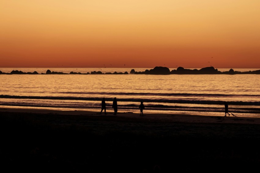 two people walking on the beach at sunset