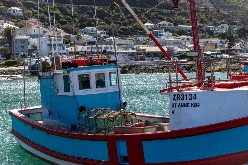 a blue and red boat in the water