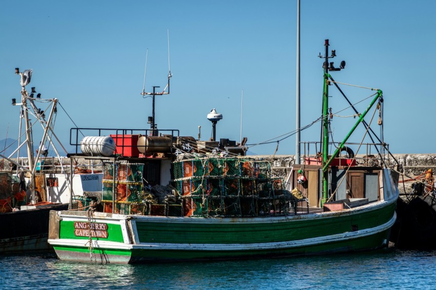 a green and white boat in the water