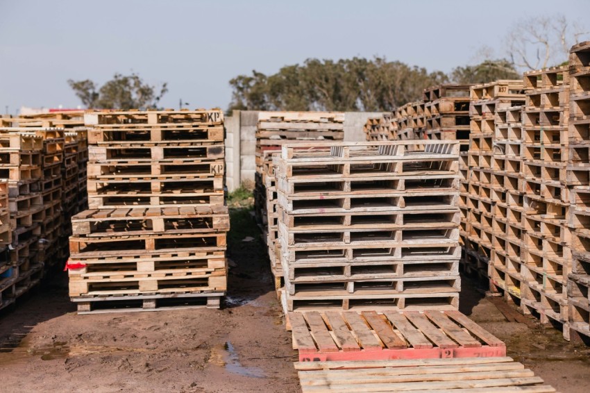 a group of wood pallets