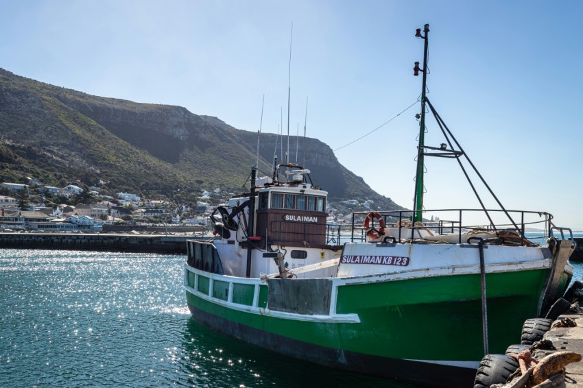 a green and white boat docked at a pier