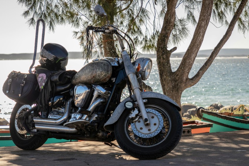 a motorcycle parked next to a tree near the water