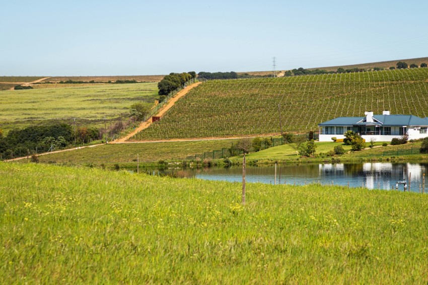 a house on a hill overlooking a lake