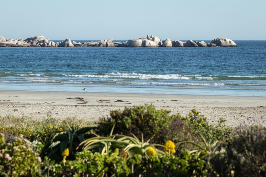 a view of a beach with rocks in the distance