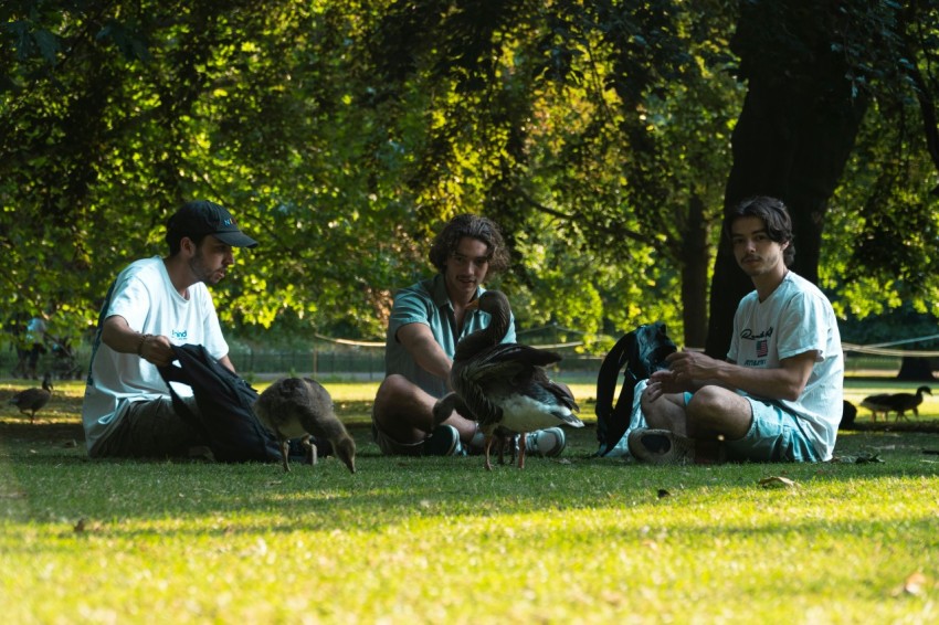 a group of people sitting on the grass in a park