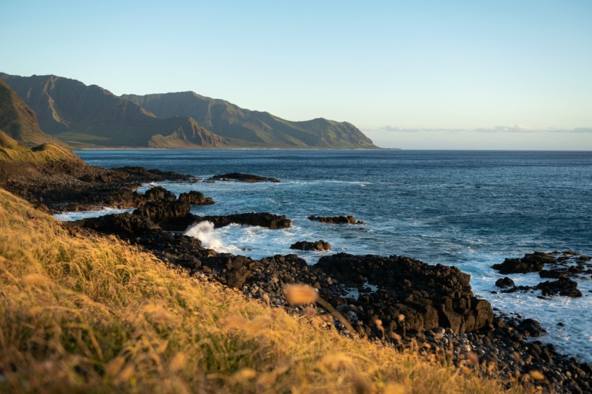 a grassy hill next to a body of water