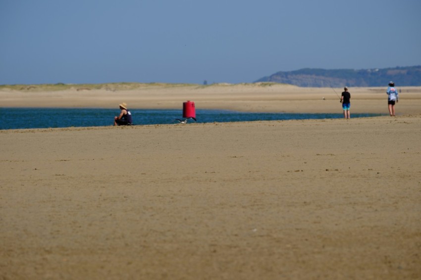 a group of people standing on top of a sandy beach