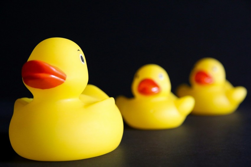 a row of yellow rubber ducks sitting on top of a table