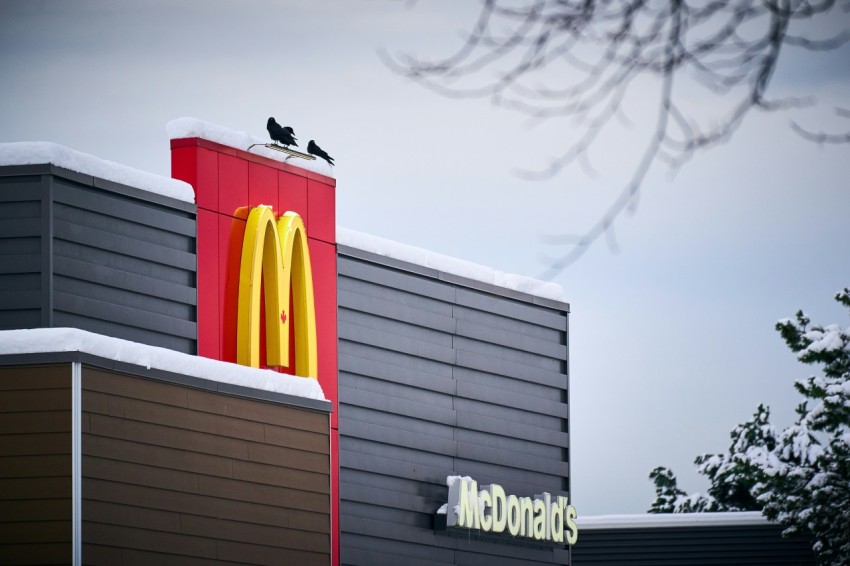 a mcdonalds restaurant with a bird sitting on top of it