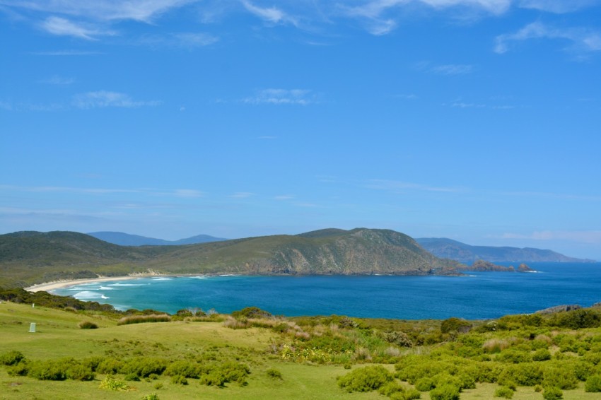 a scenic view of a beach and a body of water