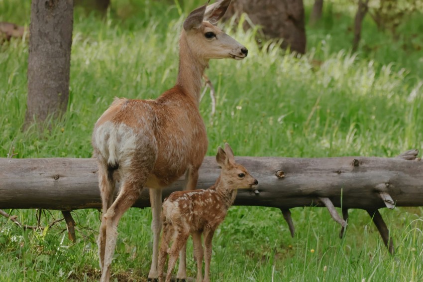 a baby deer standing next to an adult deer