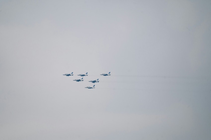 a flock of birds flying through a cloudy sky A