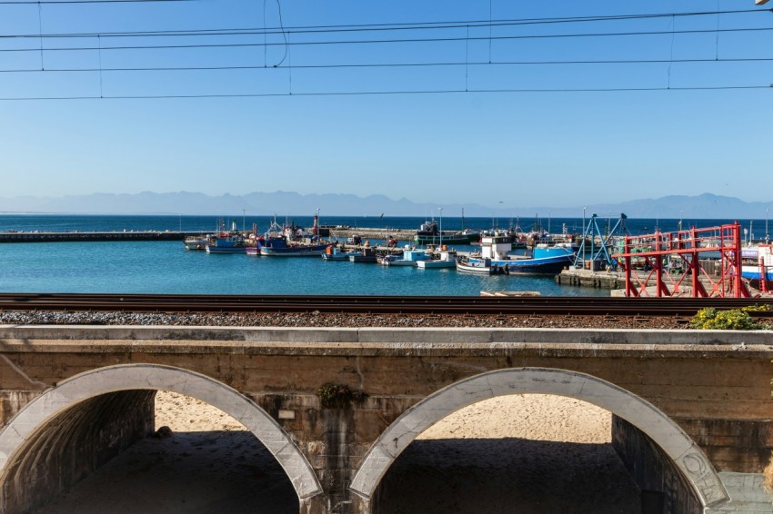 a view of a harbor with boats and power lines