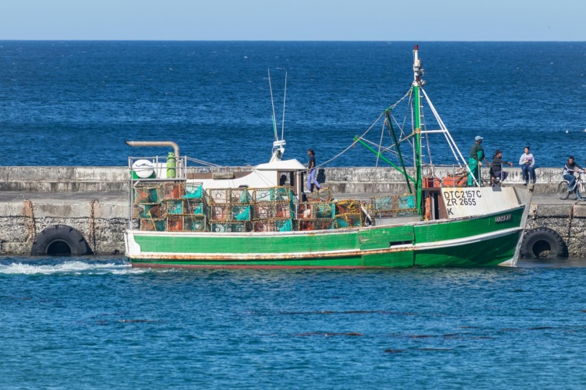 a green and white boat in a body of water