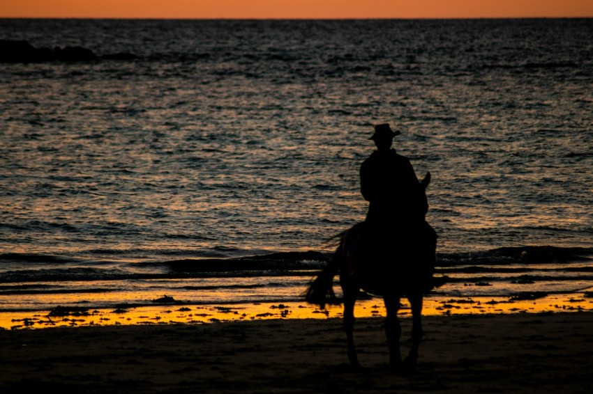 a person riding a horse on a beach at sunset