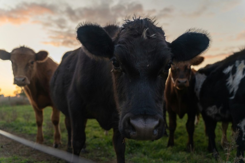 a herd of cattle standing on top of a lush green field