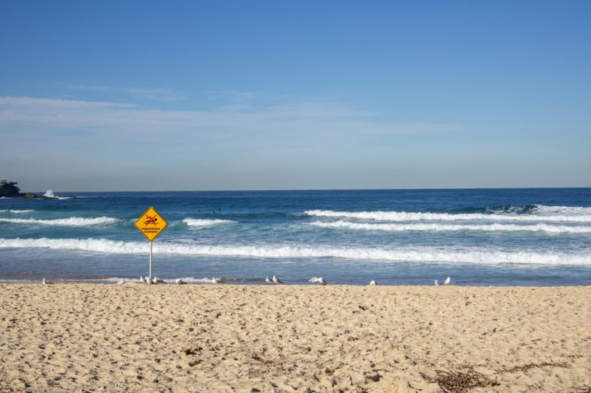 a yellow sign sitting on top of a sandy beach JUgvzqpTW