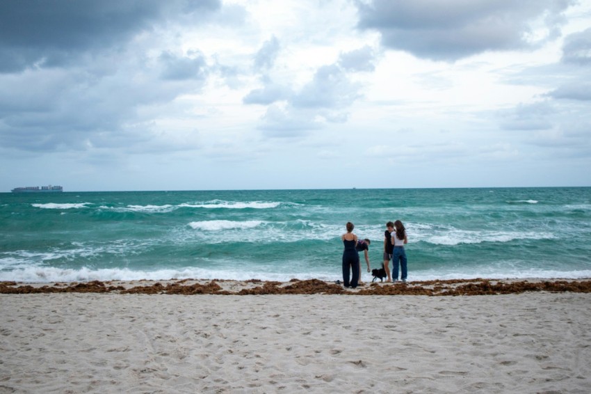 a group of people standing on top of a sandy beach