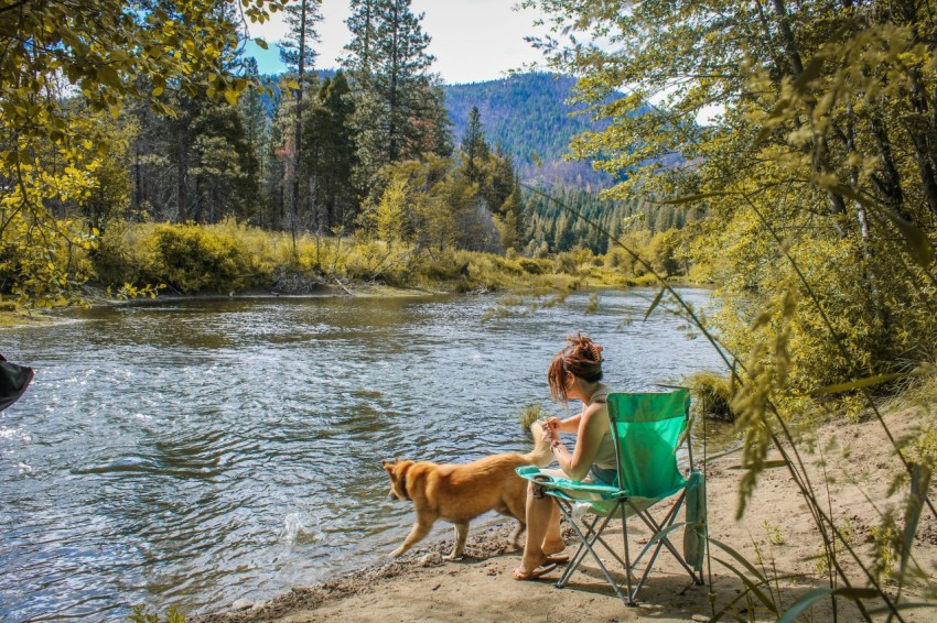 a woman sitting on a chair next to a dog