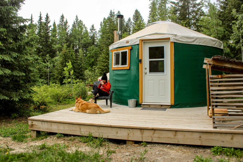 a couple of people sitting on a porch next to a dog