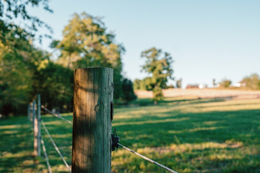 a wooden post with a barbed wire fence