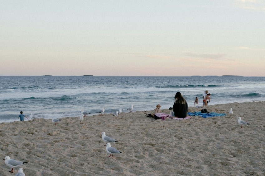 a group of people sitting on top of a sandy beach RpKKalTH0