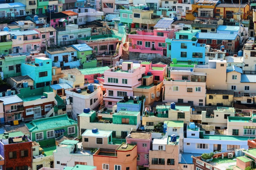 a city filled with lots of colorful houses