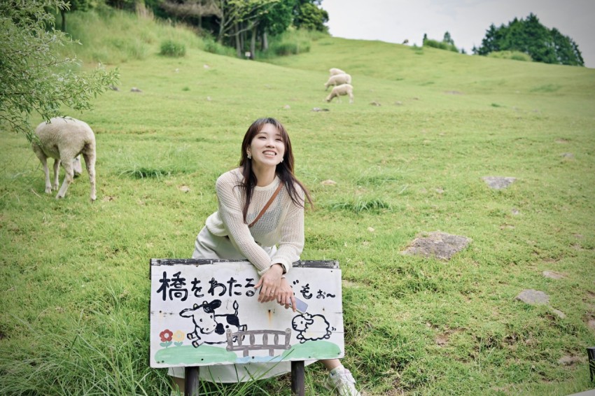 a woman sitting on top of a sign in a field xF