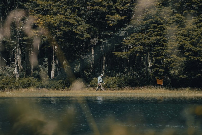 a man walking across a lush green forest next to a lake