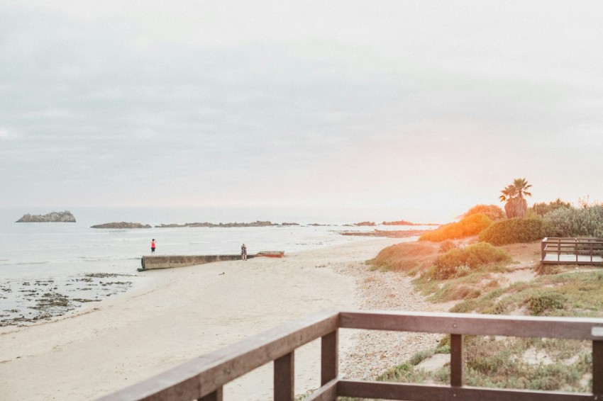 a bench sitting on top of a sandy beach next to the ocean