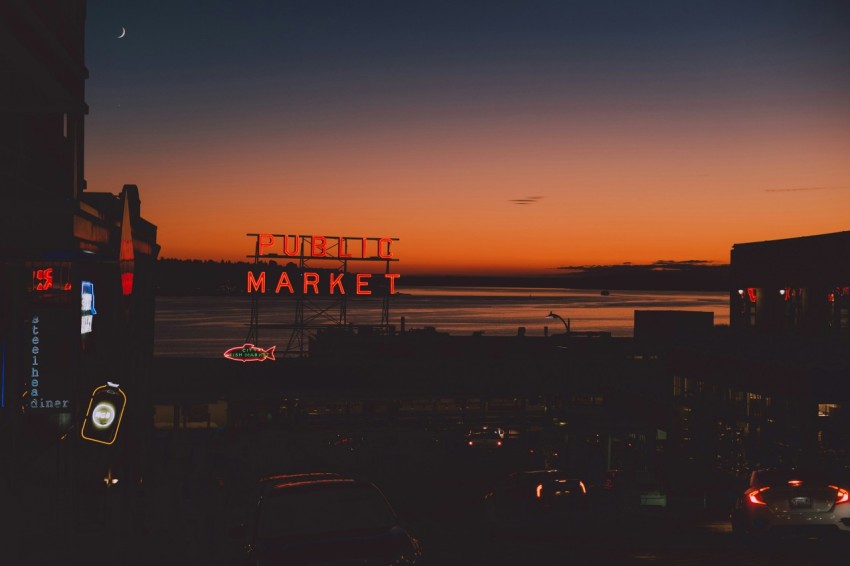 public market signage during night time