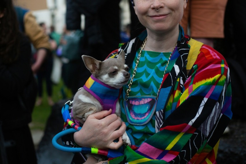 a woman holding a small dog in her arms