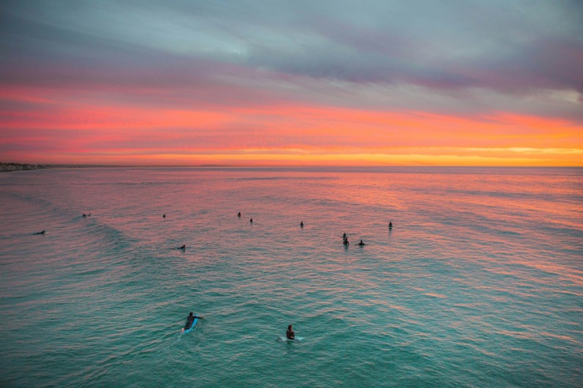 a group of people riding surfboards on top of a body of water