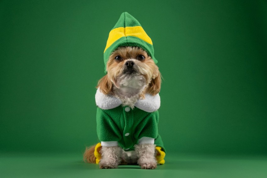 a small dog wearing a green and yellow outfit