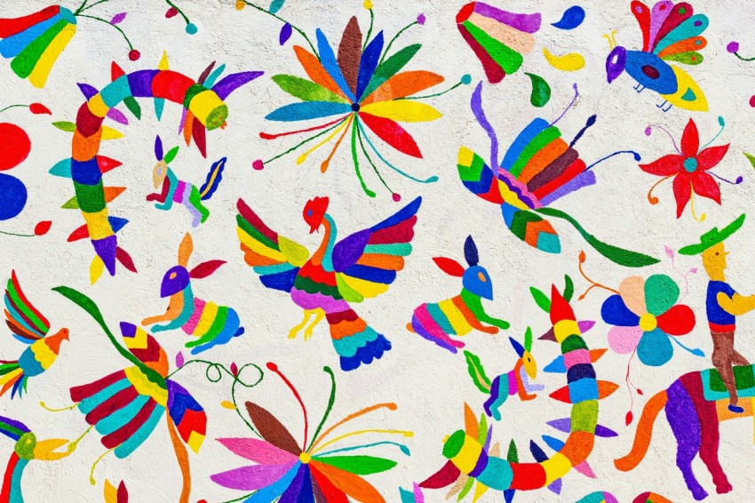 a painting of colorful birds and butterflies on a white background