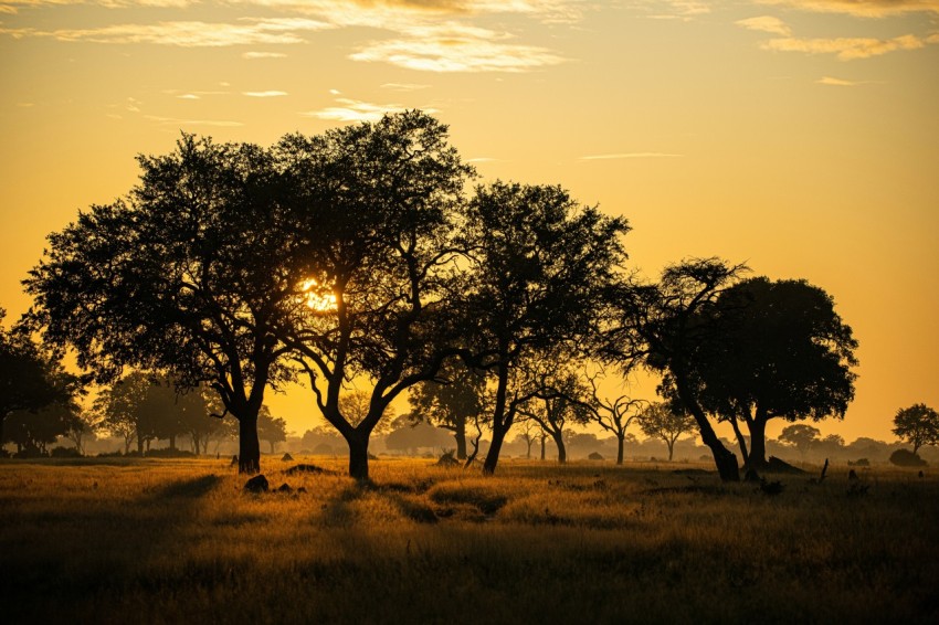 the sun is setting behind the trees in the field