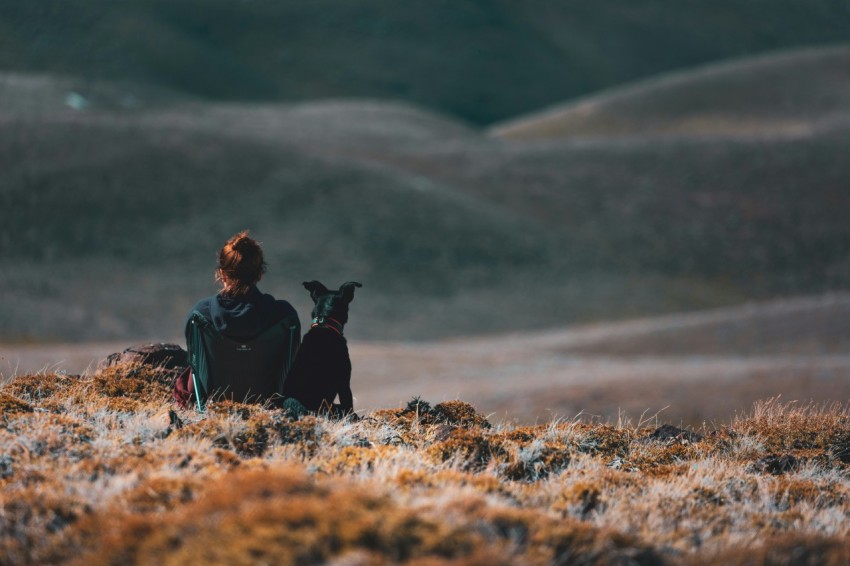 woman sitting beside black dog nmIm91RS