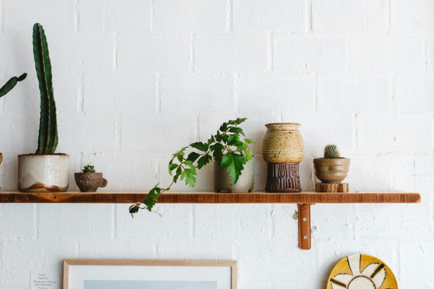 brown ceramic vase on brown wooden wall rack F