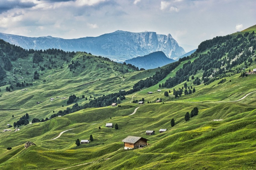 a green valley with a mountain range in the background