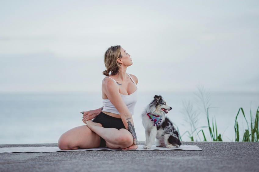 a woman sitting on a rock with a dog cxF27