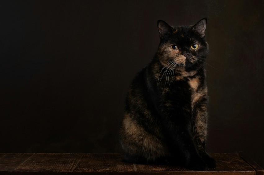 black cat on brown wooden table