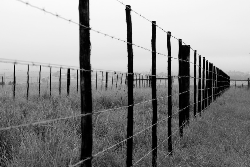 a black and white photo of a barbed wire fence he5hEc