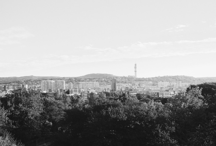 a black and white photo of a city