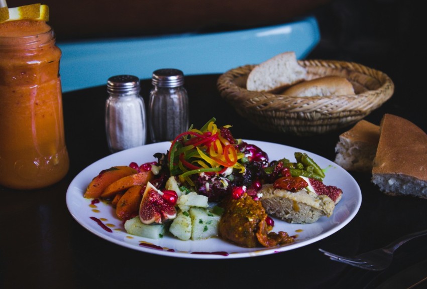 foods served on plate with spices on table