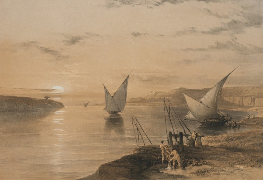 a painting of a group of sailboats in the water